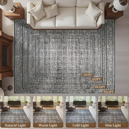 MontVoo-Vintage Area Rugs 8X10 Darkgrey Rugs for Living Room-Soft Distressed Printed Rugs for Bedroom-Non Slip Carpet-Machine Washable Rug for Dining Room Living Room Bedside Office