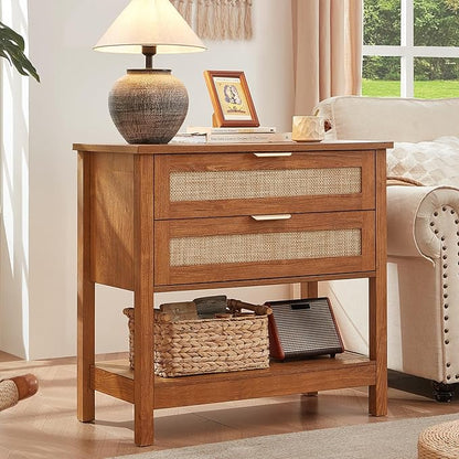 LEYAOYAO 31.5" Wide Rattan Night Stand, Large Boho Nightstand, Bedside Table with Storage, Tall Bed Side End Tables, Chest of Drawers for Bedroom, Living Room, Hallway（Brown,2 Drawers,2）