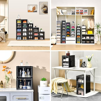 12 Pack Shoe Boxes Stackable,Upgraded Sturdy Shoe Storage Boxes with Clear Magnetic Door,Multifunctional Sneaker Storage, Shoe Box Organizer Fit up to US Size 12 Gray(13.8”x 9.84”x 7.1”)