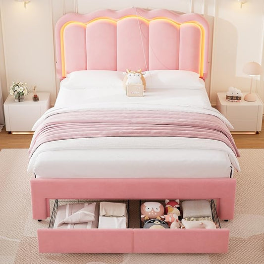 Velvet Upholstered Full LED Bed Frame with 2 Storage Drawers and Adjustable Chic Double Wavy Headboard, Princess Platform Bed with Charing Station, Solid Wood Slats Support,No Box Spring Needed,Pink