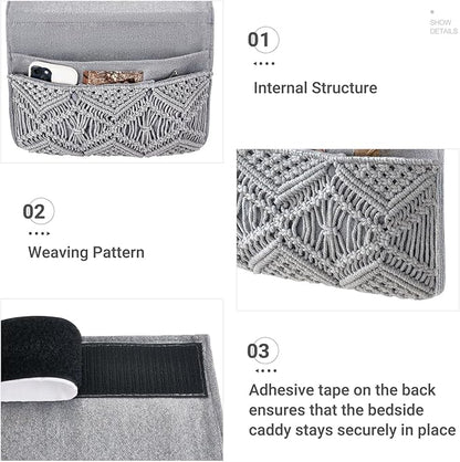 Mkono Macrame Bedside Caddy Storage Organizer Boho Remote Control Tablet Magazine Holder with 4 Pockets Non-slip Countertop Bedside Caddy for Home Bedroom Living Room College Dorm Bed, Grey