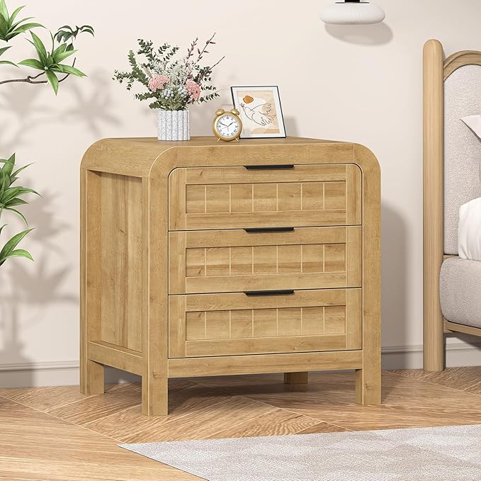 IKENO Wood Nightstand Set of 2 with 3 Storage Drawer, 21" Wide Night Stand with Curved Profile Design, Bedside End Table for Bedroom, Living Room, Closet (2, Natural Oak, 3 Drawer)