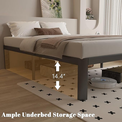16 Inch Bed Frame Queen Size with Metal Gaskets, Black Queen Platform Bed Frame No Box Spring Needed, Heavy Duty Steel Support, Round Corner Design, Storage Space, Noiseless, Easy Assembly
