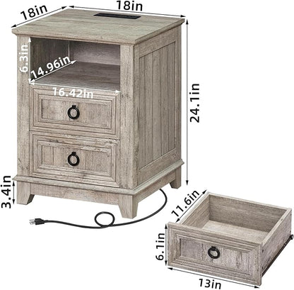 18" Farmhouse Night Stands Set of 2 with Charging Station, 2 Drawers End Table Dresser for Bedroom, Oak Wooden Nightstand, Bed Side Table with Open Shelf, Bedside Cabinet for Living Room