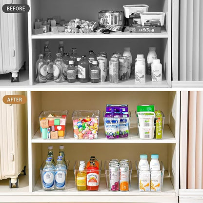 12 Pack Middle Organizers and Storage, Pantry Organization and Storage Bins, Cabinet Organizer, Clear Plastic Storage Containers with Handle，Acrylic Storage Bins for Cabinet, Fridge