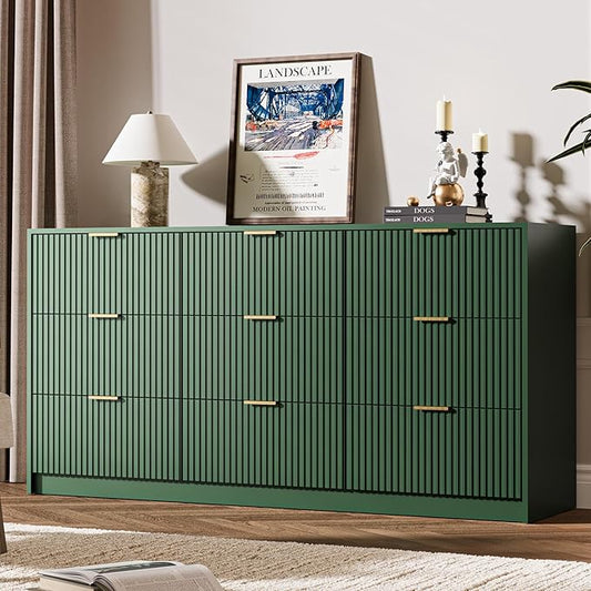 Green 9 Drawer Dresser for Bedroom, 63" Wide Modern Fluted Dresser with Gold Metal Handles, Chest of Drawers for Bedroom, Living Room, Entryway, Hallway