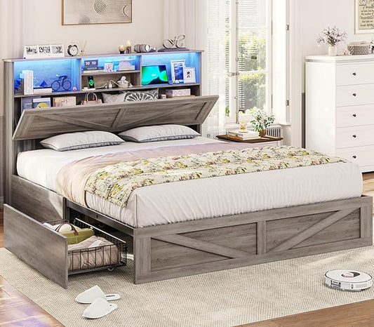 VIAGDO Farmhouse Bed Frame Full Size with Bookcase Storage Headboard, Charging Station and LED Lights, Wooden Full Bed Frame with 4 Drawers, Barn Door Design, No Box Spring Needed, No Noise, Grey