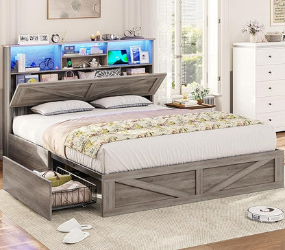VIAGDO Farmhouse Bed Frame Queen Size with Bookcase Storage Headboard, Charging Station and LED Lights, Wooden Queen Bed Frame with 4 Drawers, Barn Door Design, No Box Spring Needed, No Noise, Grey