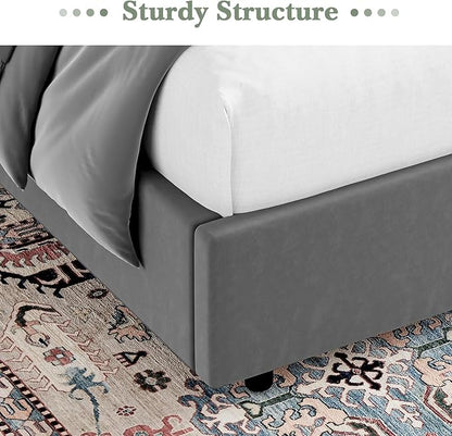 HOMBCK Grey Queen Bed Frame, Velvet Upholstered Platform Bed Frame with Headboard, Curved Wingback Design, Wooden Slats, No Box Spring, Noise Free, Easy Assembly