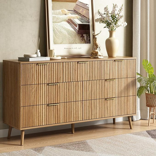 CARPETNAL Fluted 7 Drawer Dresser for Bedroom, 55" Wide Wooden Chest of Drawers with Rounded Corners, Gold Handles, Modern Storage Organizer for Bedroom, Hallway(Walnut)