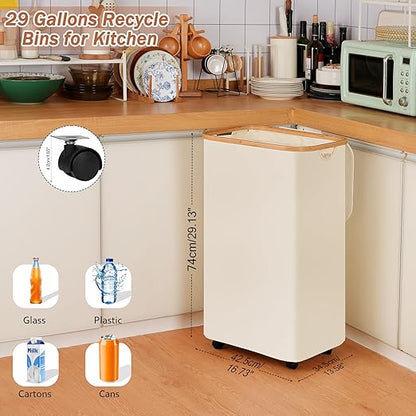 iEGrow Recycling Bin for Kitchen, Indoor Home Recycle Bins with Wheel, 29 Gallons Large Recycling bin with 2 Removeable Reusable Inner Bags, for Bottles Cans Glass Plastice Cartons(Beige)