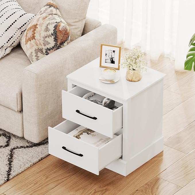 Giantex Modern Nightstand Set of 2, Wood Bedside Table with 2 Storage Drawers, Compact Floor Night Stand End Table, White Accent Sofa Side Table for Bedroom