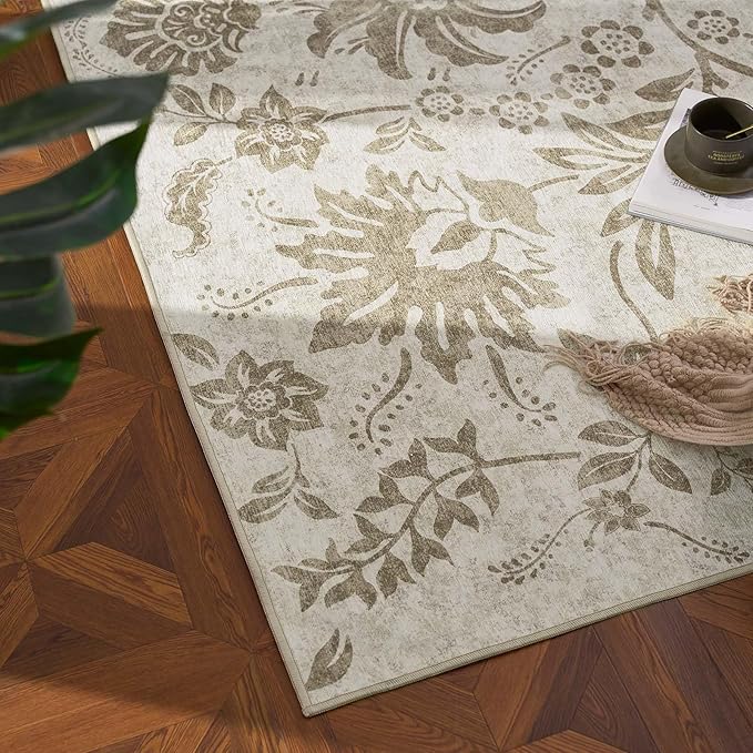 jinchan Torino 2x3 Washable Rugs for Entryway, Vintage-Inspired Floral Neutral Design Non-Slip Low-Pile Doormat, Ultra-Thin Indoor Traditional Accent Carpet for Entrance Bathroom Bedroom, Taupe