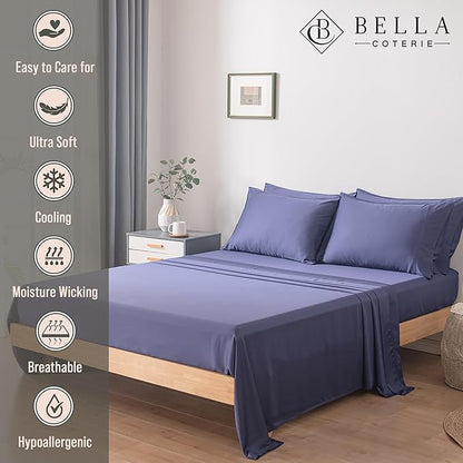 Bella Coterie 6 Piece Luxury Bamboo Viscose Queen Size Sheet Set | 100% Organically Grown | Cooling for Hot Sleepers | 18" Deep Pocket | Soft & Hypoallergenic | 4 Pillowcases [Twilight Blue]