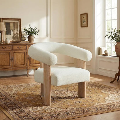 VKNOW Accent Chair Living Room Chair, Modern Upholstered Arm Chair with Solid Wood Legs, Comfy Barrel Accent Chair for Living Room, Bedroom, Cream