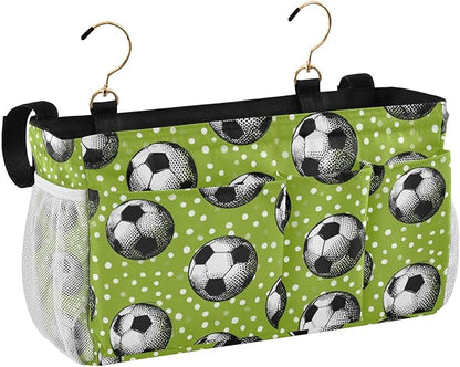 Bedside Caddy Hanging Bunk Bed Caddy Bed Organizer Hanging Pocket with 2 Hooks Bedside Storage Organizer Pocket Bag Holder Deep Green Soccer Balls Dots
