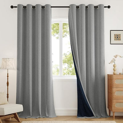 100% Blackout Curtains 84 Inch Length 2 Panels Set for Living Room/Bedroom, Grommet Linen-Look Textured Light Blocking Room Darkening Energy Saving Thermal Insulated Drapes (W52xL84, Grey)