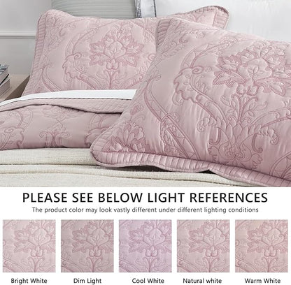 CHIXIN Bedspread Coverlet Set Queen Size - Lightweight Bedding Cover - Beautiful Stitching - 5 Piece Reversible Bedspread - Gorgeous Damask Paisley Pattern (Queen, Pale Rose)