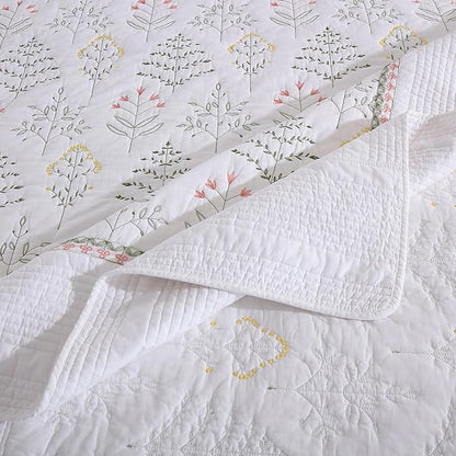 MarCielo 3-Piece 100% Cotton Oversized Bedspread Lightweight Quilt Coverlet Embroidery Farmhouse Bedding Set(TL Floral White,Oversized King (118"x106"))