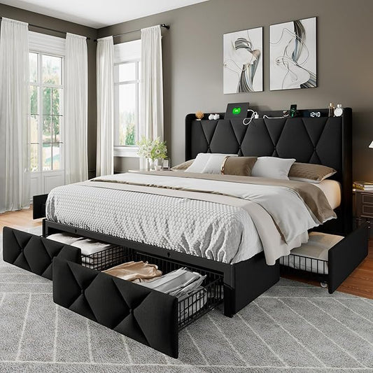 Feonase Full Size Bed Frame with 4 Storage Drawers, Upholstered Platform Bed with Charging Station, Wingback Storage Headboard, Wooden Slats Support, No Box Spring Needed, Easy-Assembly, Black