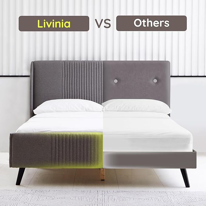 Livinia Sunset Queen Size Wingback Platform Bed, Fabric Upholstered Queen Bed Frame with Vertical Channel Tufted Headboard Footboard, Strong Wood Slats, No Box Spring Needed, Gray (Queen)