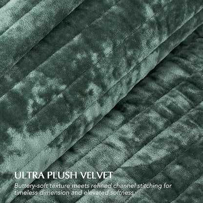 EVERGRACE Velvet Quilt Set King Size, Luxurious Soft Striped Channel Bedding Set, Lightweight Velvet Comforter for All Season, Oversized Bedspread Coverlet with 2 Matching Shams, Pine Green