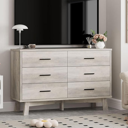 Dresser for Bedroom, 6 Drawer Wide Modern Chest of Drawers with X-Shaped Sturdy Base, Wood Double Dresser Closet Clothes Storage Organizer, Wooden TV Stand for Living Room, Hallway, Grey