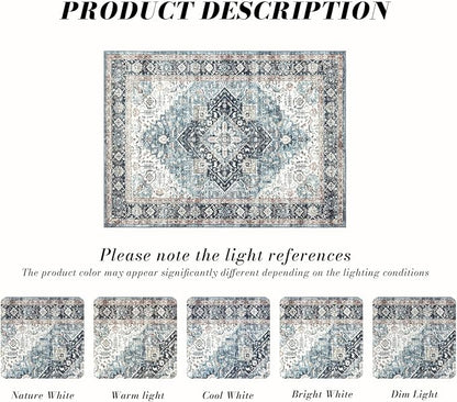Area Rug 6×9, Large Vintage Boho Rug,Ultra-Soft Low Pile, Washable, Non Slip,Stain Resistant, Printed Carpet for Living Room Bedrooms Playroom Office Kitchen, Blue/Navy