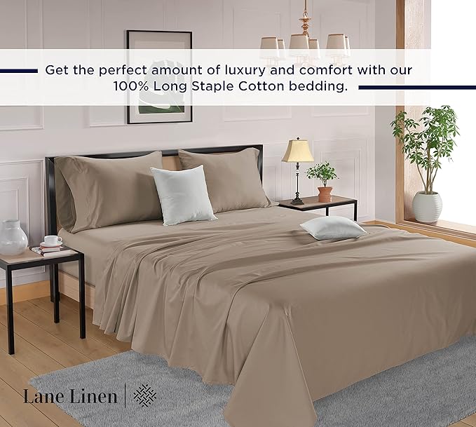 LANE LINEN 600 Thread Count 100% Mercerized Cotton Twin Sheets Set - Soft & Comfy Bed Sheets Set, Mercerized Cotton Sheets Set Twin Size, 15" Deep Pocket Twin Bedding Sheets & Pillowcases Set - Taupe