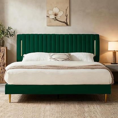 Twin Platform Bed Frame, Velvet Upholstered Bedframe with Vertical Channel Adjustable Headboard, Golden Plating Trim, Mattress Foundation with Wooden Slats, No Box Spring Needed, Green