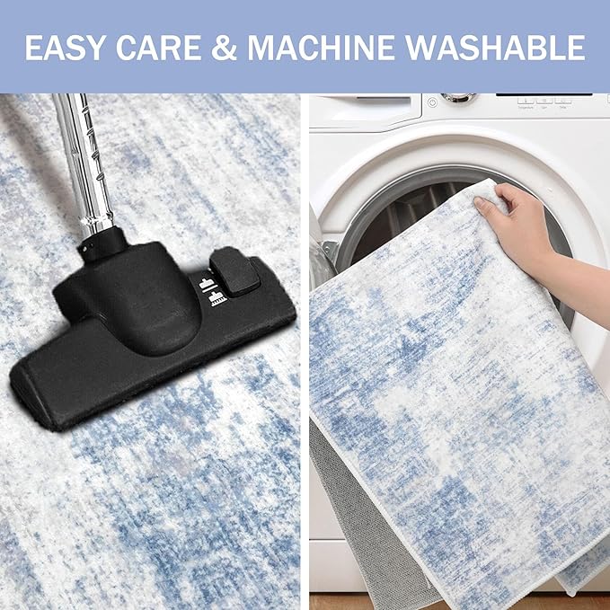 IOHOUZE Abstract Runner Rug 2x7 Ft Washable Runners for Hallways, Non Slip Kitchen Runner Printed Faux Wool Entryway Runners Indoor, Modern Floor Carpet for Hall Kitchen Bedroom, Light Blue White
