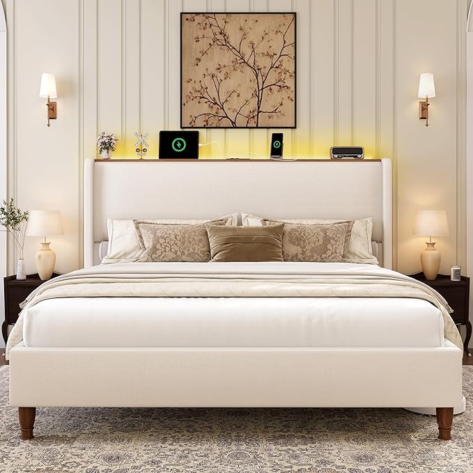 LARMACE King Size Bed Frame with LED Lights and Charging Station Linen Upholstered Platform Bed Frame with 51.2" Tall Wingback Headboard and Storage Shelf, No Box Spring Needed, Easy Assembly, Beige