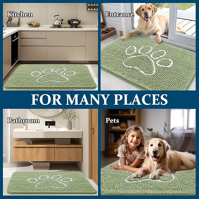 OLANLY Dog Door Mat for Muddy Paws 70x24, Paw Print Design, Absorbs Moisture and Dirt, Non-Slip Washable Doormat, Quick Dry Chenille Mud Mat for Dogs, Entry Indoor Entryway Carpet, Sage Green