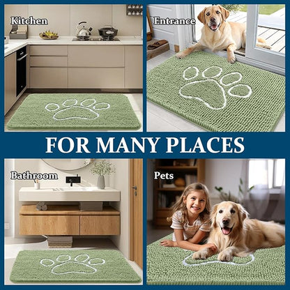 OLANLY Dog Door Mat for Muddy Paws 70x24, Paw Print Design, Absorbs Moisture and Dirt, Non-Slip Washable Doormat, Quick Dry Chenille Mud Mat for Dogs, Entry Indoor Entryway Carpet, Sage Green