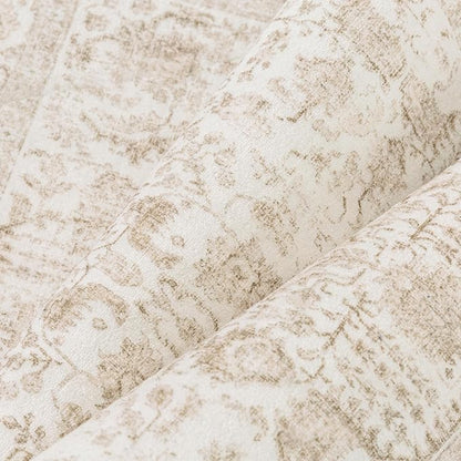 Beige Area Rug 9x12 Machine Washable Large Vintage Living Room Distressed Non Slip Carpet Traditional Indoor Bedroom Retro Floral Accent Throw Rug for Office Kitchen Dining Room