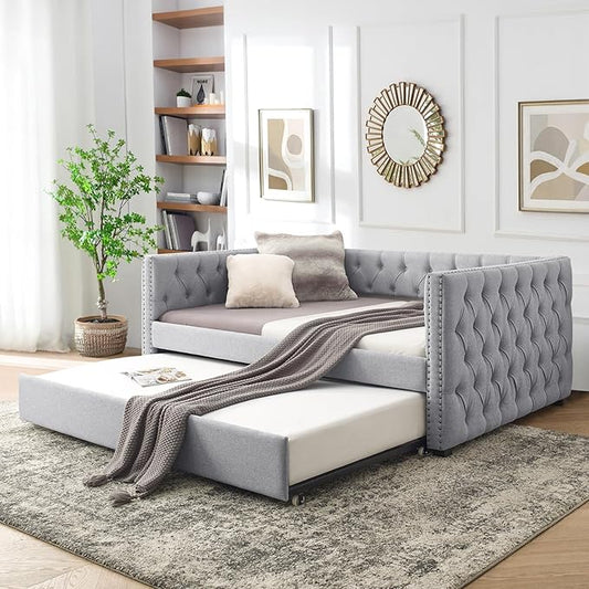 Daybed with Trundle, Modern Upholstered Full Size Day Bed Button-Tufted Sofa Daybed Frame with A Roll-Out Trundle, No Box Spring Needed, Furniture for Bedroom Living Room Guest Room (Light Grey, Full)