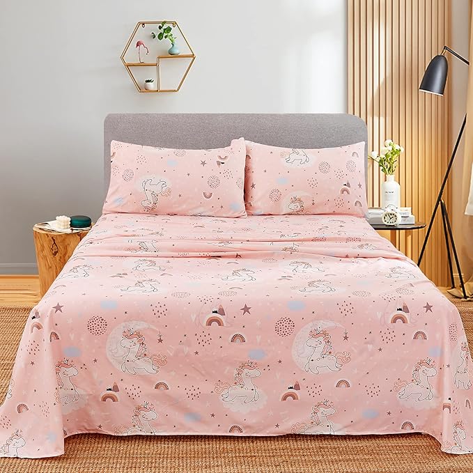 JSD Pink Unicorn Kids Sheet Set Twin Size, 3 Piece Girls Rainbow Printed Microfiber Bed Sheets Deep Pocket