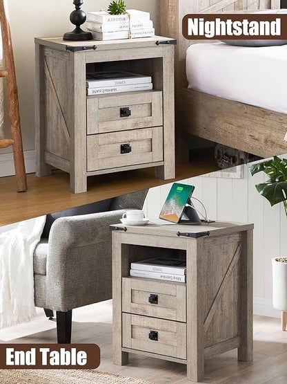 T4TREAM Nightstand with Charging Station, End Table, Side Table with 2 Drawers Storage Cabinet for Bedroom, Living Room, Farmhouse Design, Wood Rustic,Light Rustic Oak