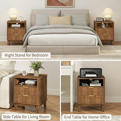 Night Stand with Charger Station, Fluted Nightstand with Drawers and Storage Shelf, Mid Century Modern Bedside Table Nightstands, Large Bed Side Table Wood Night Stands for Bedroom Living room