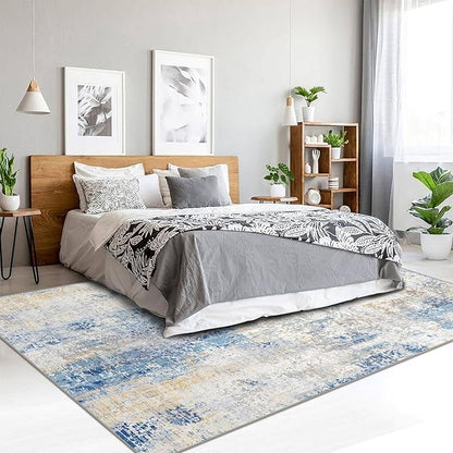5x7 Area Rugs - Ultra-Thin Washable Rug with Non-Slip Backing, Ideal for Living Room, Bedroom, Kitchen Floor Carpet - Modern Abstract Style, Easy Clean, Durable, Blue Ivory Yellow
