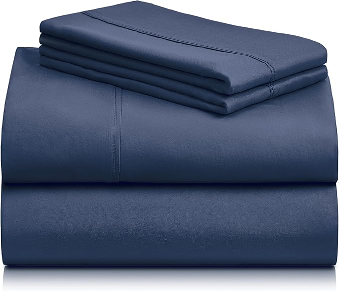 LuxClub 4 PC Queen Sheet Set, Deep Pockets Wrinkle Free Cooling Bed Sheets Hotel Bedding for Women, Men, Includes 1 Fitted Sheet, 1 Flat Sheet and 2 Pillowcases-Silky Soft Navy