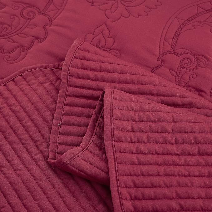 CHIXIN Bedspread Coverlet Quilt Set Full Size - Lightweight Bedding Cover - Beautiful Stitching - 5 Piece Reversible Bedspread - Gorgeous Damask Paisley Pattern (Full, Wine Red)