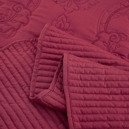 CHIXIN Bedspread Coverlet Quilt Set Full Size - Lightweight Bedding Cover - Beautiful Stitching - 5 Piece Reversible Bedspread - Gorgeous Damask Paisley Pattern (Full, Wine Red)