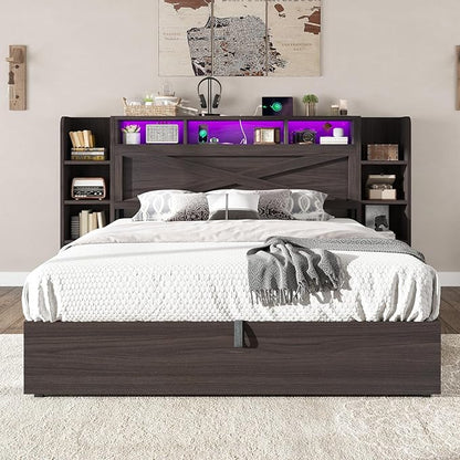 AMERLIFE Full Size Lift Up Storage Bed Frame, 45.1" LED Bed Frame with 2 Side Shelf & Bookcase Headboard, Farmhouse Wood Platform Bed with Charging Station, No Box Spring Needed, Black