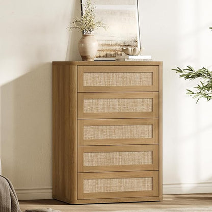 SICOTAS Tall Dresser for Bedroom - Rattan 5 Drawer Dressers Chest of Drawers with Push-to-Open Design, Modern Extra Deep Clothes Dresser with Large Storage for Closet, Living Room, Amber Oak