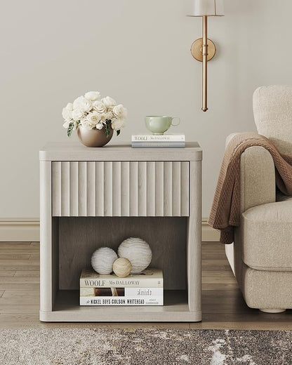SICOTAS Night Stand Nightstand with Drawer Storage Fluted Bed Side Table End Table Large Modern Wide Bedside Stand Mid Century Night Stands for Bedroom Living Room Sofa Couch Home Office, White Alder