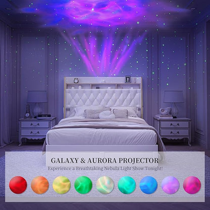 Full LED Bed Frame with 2 Storage Drawers, PU Upholstered Platform Beds with Galaxy Star Projector Charging Station Speaker, Aurora Bedframe with 2-Tier Storage Headboard, Noise-Free, White