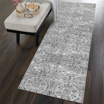 vivorug Grey Runner Rug 2x10 Machine Washable Rug with Non-Slip Backing, Ideal for Kitchen Hallway Entryway Laundry Room - Vintage, Durable, Easy Clean, Low Pile Carpet Runner