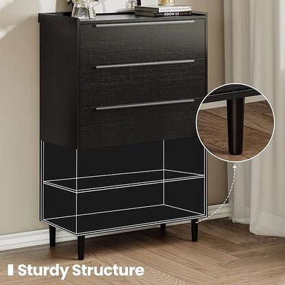 48" Tall Black Dresser for Bedroom, Modern 5 Drawer Chest of Drawers with Wood Grain Finish, Slim Vertical Storage Cabinet with Raised Edge Top, Anti-Tip Kit