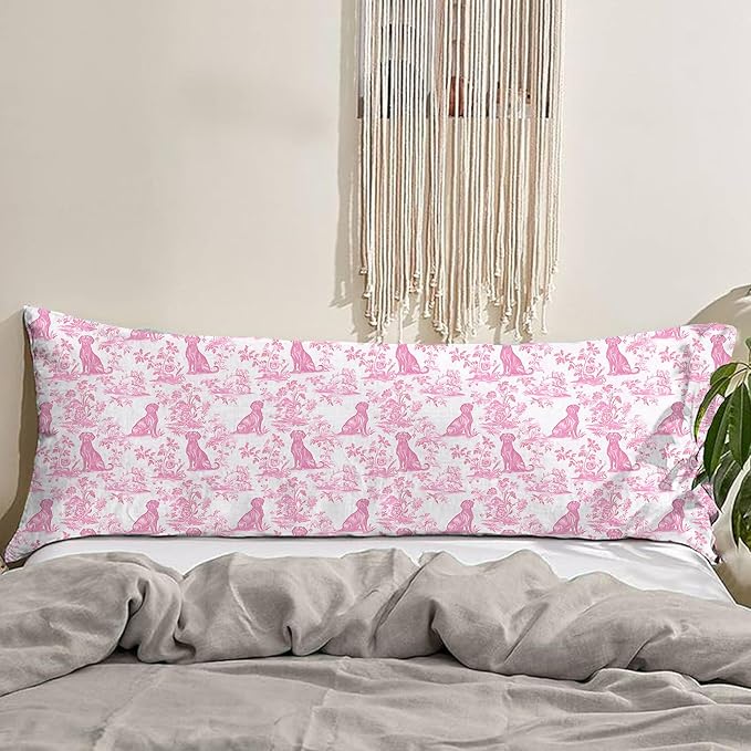 Pink Chinoiserie Labrador Retriever Dog 20x54 Body Pillow Cover with Zipper,Labrador Retriever Decor,Grandmillennial Pink Dog Decorative Body Pillow Cases for Bed Couch